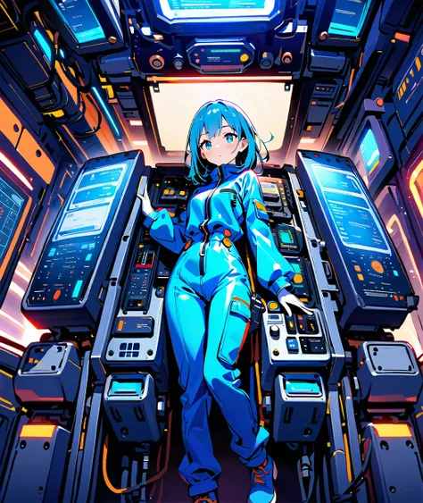 Girl wearing gloves in a blue enamel shiny boiler suit,The background is complex and precise machinery and equipment、 control panel 