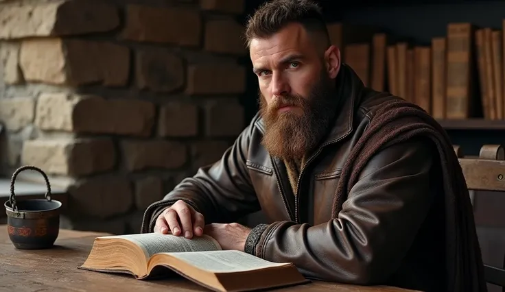 Bronze age man with short hair on top and short on the sides with brown beard reading the Bible in leather clothes reading the Bible in his cold castle