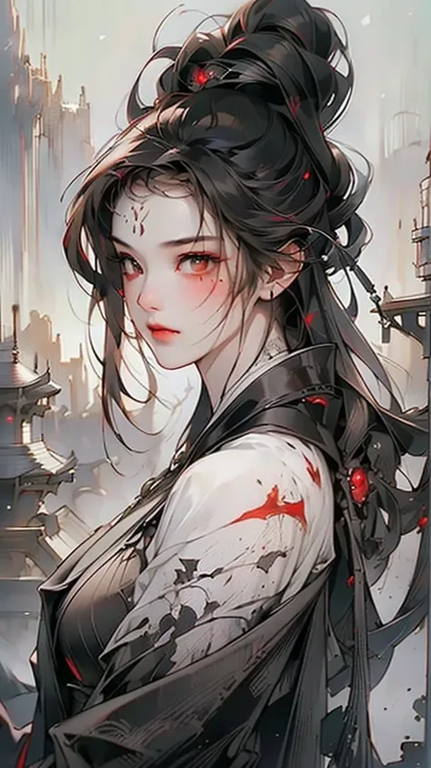 (extremely detailed 8K wallpaper),(ultra-detailed),(best quality),(masterpiece),(highly detailed),(cinematic lighting),(Original),Cold ligh，moody,(Chinese elaborate-style painting ),ink style,32K depth of field,1girl,solo,((busts)),((red marks on forehead)...