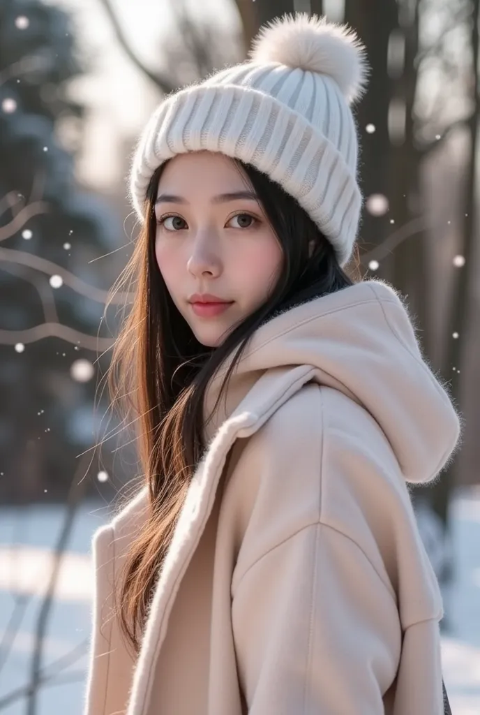 long hair, hat, coat, winter