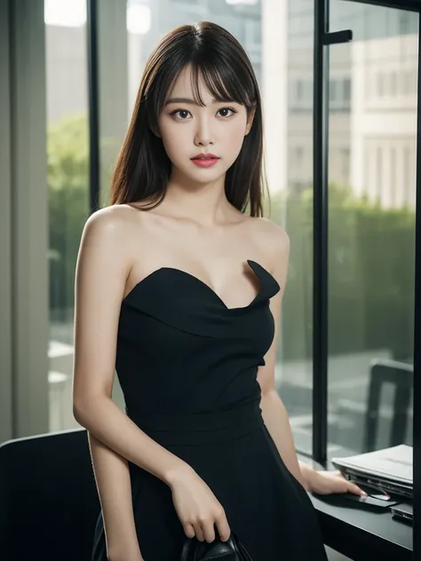  Elegant Upscale Social Elite Secretary ,  Standing at Office Work 、 (desktop, high quality,16k:1.1),(depth of fields:1.3) ,((Front Driver :1.35)),Japan ,office girl, ((TULLE STRAPLESS TRANSPARENT CUT-OUT JUMPSUIT,  Tulle Twill Pants )), Tight Black Stocki...