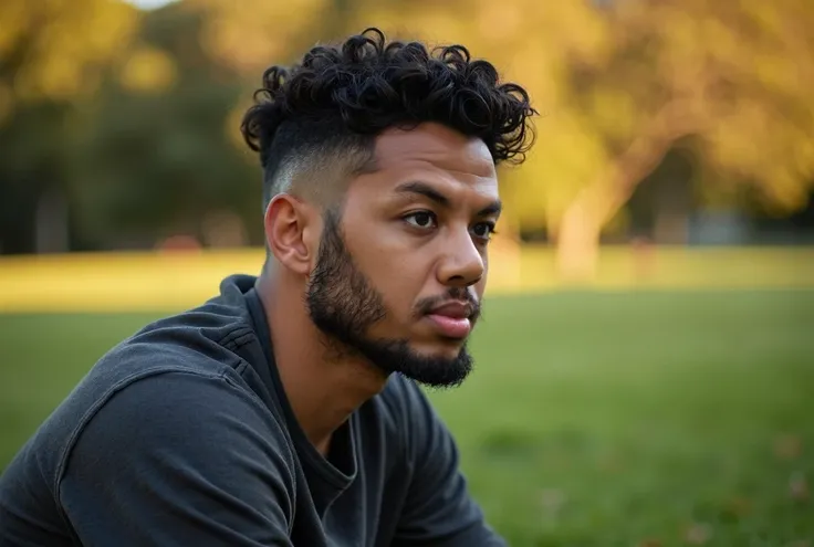 a young man with very short crew cut curly hair and receding temples amateur portrait, dark hair, medium beard, the man sitting at sydney park golden hour