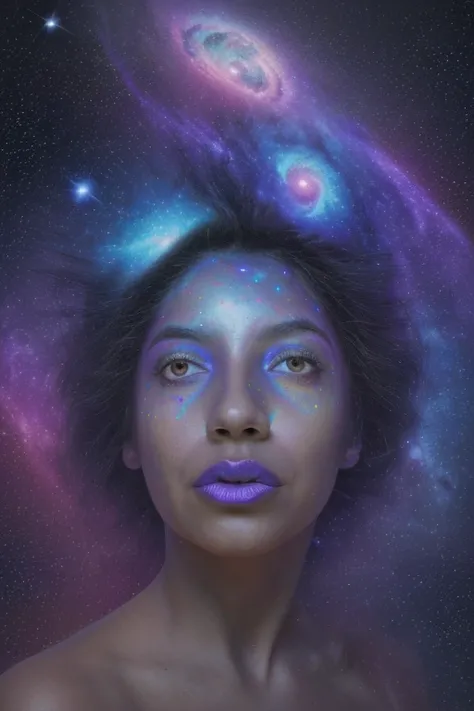 a surreal ethereal woman in a deep cosmic space, woman merged with the universe, nebula, galaxy, cosmic clouds enveloping her body and face, flowing hair softly lit, serene expression, small vibrant stars seamlessly blending into star-textured background, ...