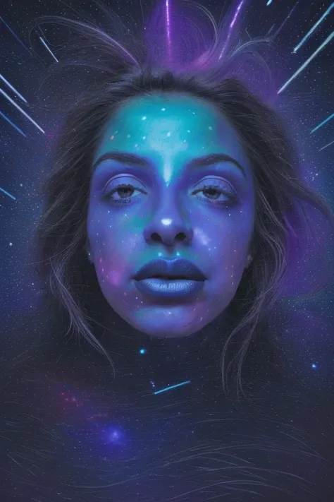 a surreal ethereal woman in a deep cosmic space, woman merged with the universe, nebula, galaxy, cosmic clouds enveloping her body and face, flowing hair softly lit, serene expression, small vibrant stars seamlessly blending into star-textured background, ...