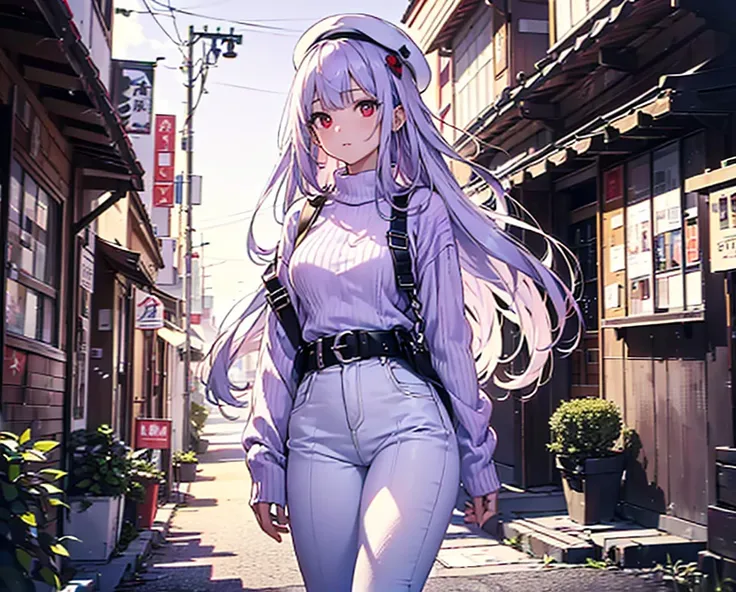 (Approaching:1.3),Realistic,Best Quality, Super detailed, High-quality CG rendering,  THE MOST DELICATE AND BEAUTIFUL ,  Hi-Res, ( 1 girl), (Best Quality,4K,8k,masterpiece:1.2), ( light purple hair :1.5),(Pretty long hair:1.5),(Red eyes:1.5),(pure white sw...