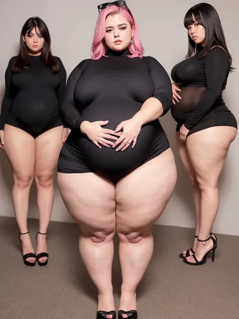 pregnant woman in black and pink outfit posing for a picture, thicc, plus size woman, thick thighs, full body wide shot, wearing a black bodysuit, wide full body, full body in view, wearing black tight clothing, beautiful thick female, full body picture, a...