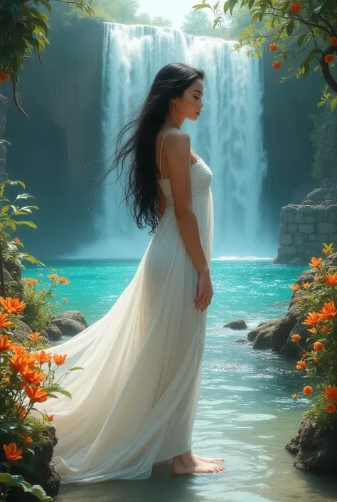 Young white woman with long black hair, waterfall falling down her, with colorful guaras around her, wearing a white Greek dress, very sensual, beautiful body, detailed and pictorial maritime scene, in the background an ancient ruins