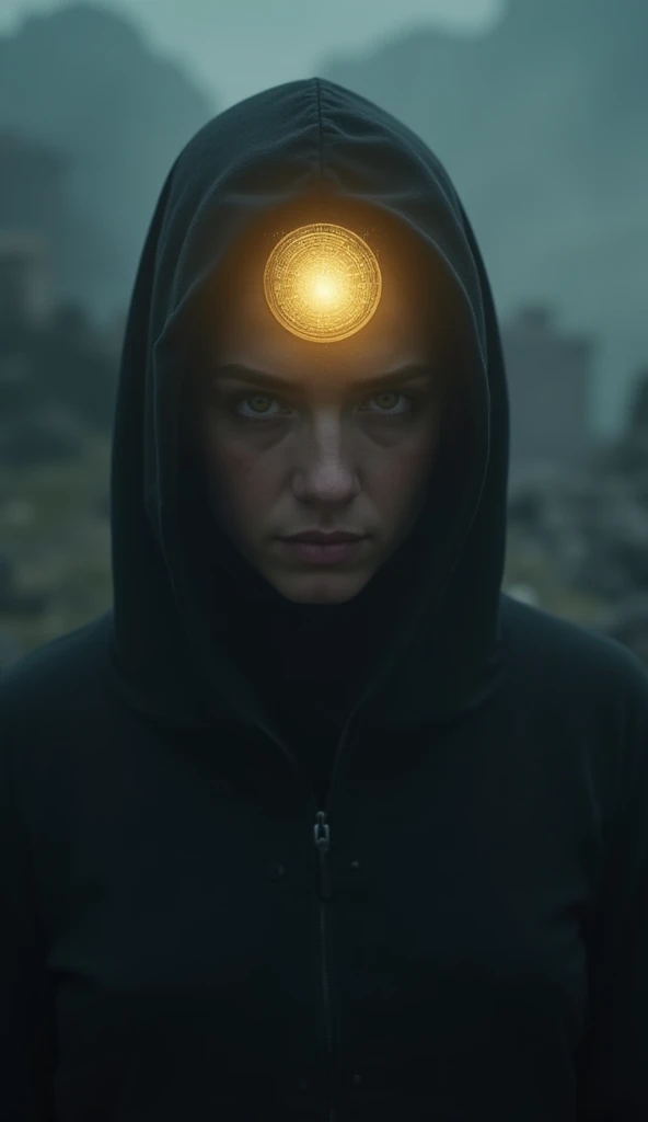 Cinematic close-up of a mysterious, intense figure standing in a dark, misty setting, illuminated by a divine, golden seal shining on their forehead. The figures face is partly obscured by shadows, with piercing, determined eyes reflecting both strength an...