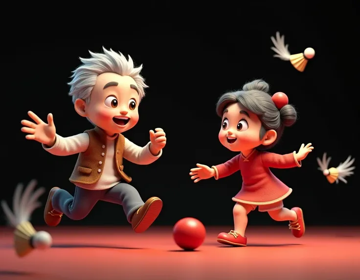 Disney 3D style, dynamic and perspective images, an Asian white-haired grandfather (brown vest) and an Asian white-haired grandmother (short hair, wearing traditional Chinese red clothes) are playing shuttlecock (Chinese shuttlecocks are made of chicken fe...