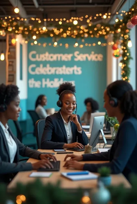 Un bureau décoré pour les fêtes de fin dannée avec des guirlandes et des boules de Noël. Des représentants africains du service client souriants et professionnels sont assis à leurs bureaux, répondant à des appels et travaillant sur des ordinateurs. Latmos...