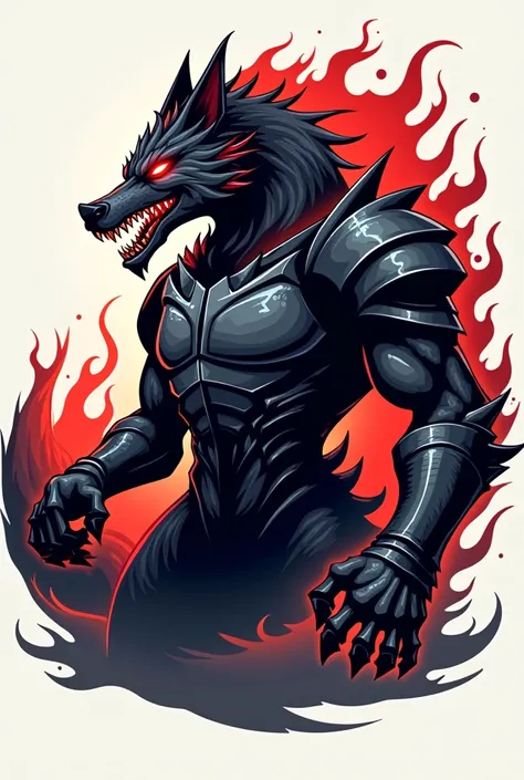 Vector logo of a 2D drawing of a red-eyed dragon wolf wearing a black steel breastplate