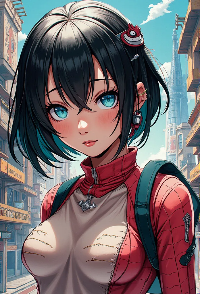 animation style 2 .5d manga niji6 strong traits oil ink art super details in the art alita  + spider-girl in a taped blouse with...