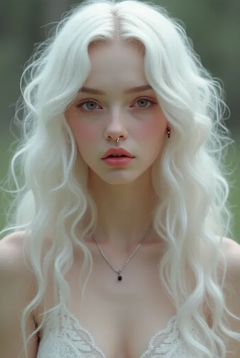 she has long white curly hair to her thighs, her eyes are red. The skin tone of the teenager is pale like porcelain. she has several piercings in her ears. looks realistic and more feminine