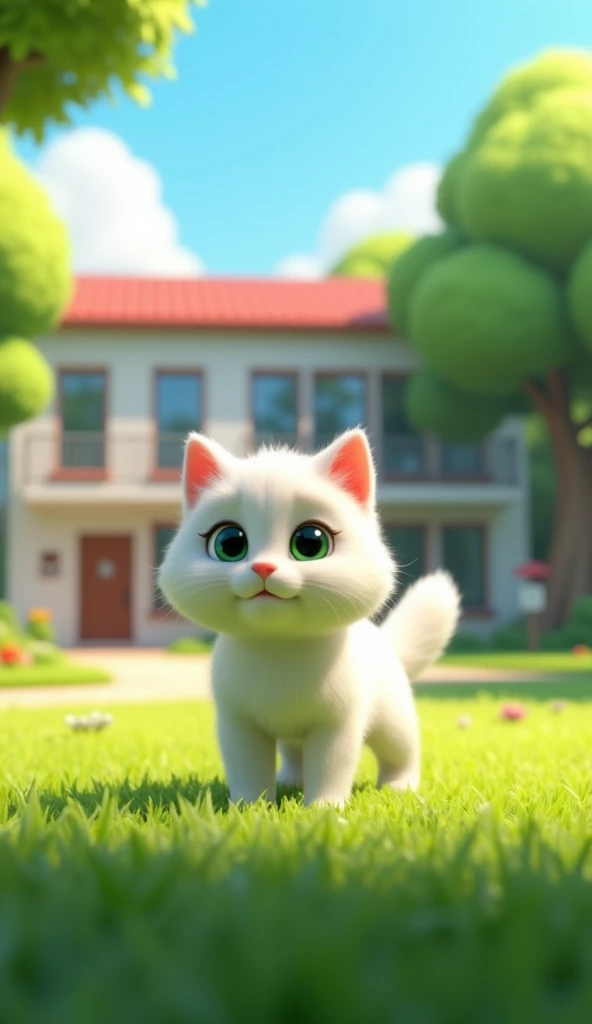 A white-furred cat is looking at viewer. The school has a bright, modern design, green grass and lush trees surrounding the courtyard. Sunlight illuminates the scene, creating a vibrant and dynamic environment, in 3D animated style.