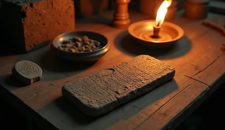 Capture a close-up, atmospheric scene of ancient Sumerian artifacts arranged on a wooden table, illuminated by the warm glow of a flickering oil lamp. Among the artifacts, a stone tablet engraved with intricate cuneiform symbols and a mysterious metallic o...