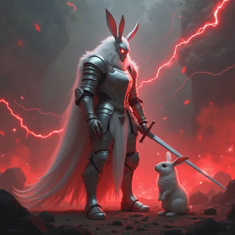 1 person。 equipped with silver silver armor and a rabbit equipped with silver silver armor The knight of。 shines brightly and covers the surroundings 。 emitting static electricity from the eyes 。 swings the long sword held in the right hand straight across...