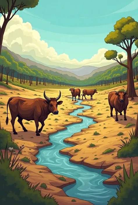 All the crops, land and even trees dried up. The cattle started dying. As there was no rain, The stream was drying up slowly. cartoon