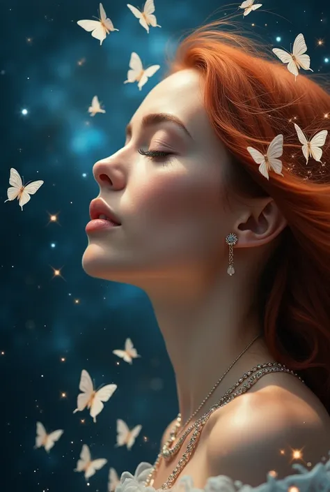   Beautiful and serene profile of a womans face  ,   eyes closed, light makeup, eyes with mascara ,    deep a sky with nebulae and constellations  ,   many white butterflies and sparks appear from her long red hair,   making an ethereal image  ,   She wear...