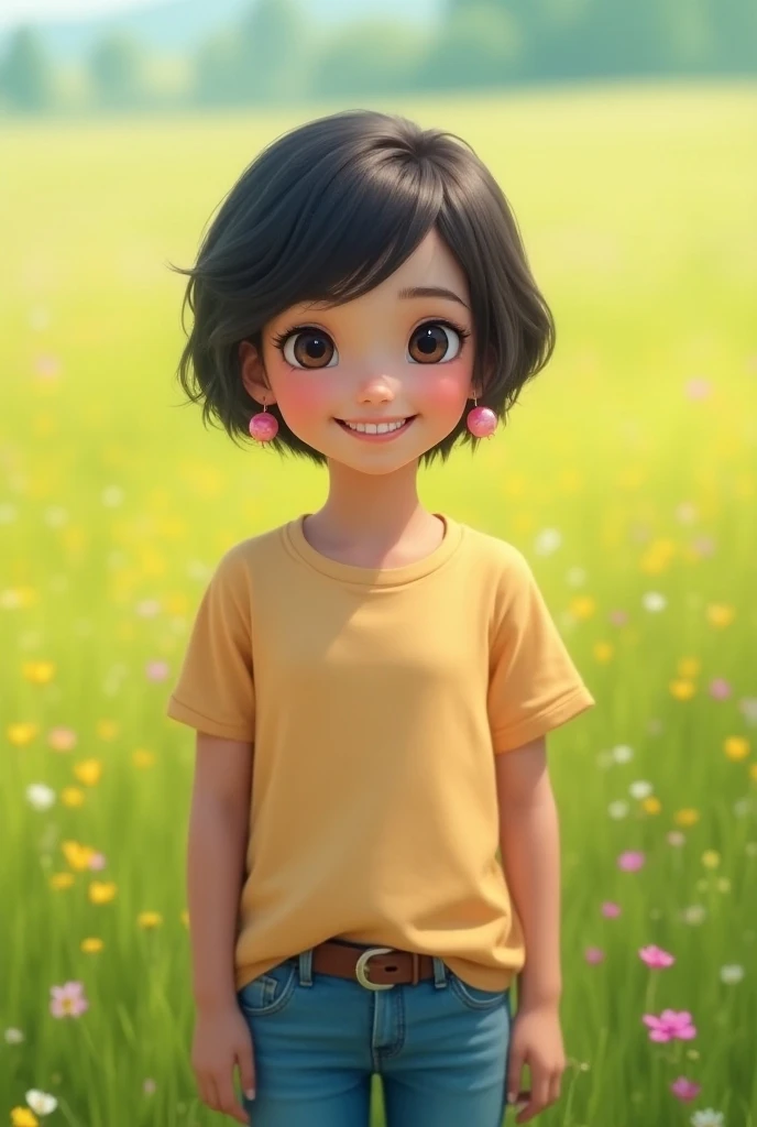 a  girl standing in a meadow, short black hair, black eyes, colorful t-shirt, jeans, pink earrings, smiling, front perspective, photorealistic, detailed eyes, hyper realistic, 8k, high quality digital art, natural lighting, vibrant colors, cinematic compos...