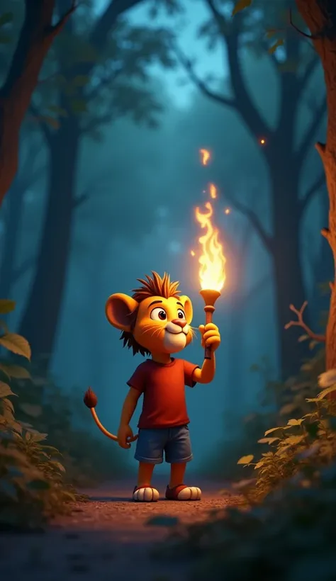 Create a image  of 3D animation cute baby lion, medium size brown hair wearing  a blue shorts and red t-shirt.   night image,

"A brave lion walking alone in the dense forest at night, holding a flaming torch high. His face shows determination mixed with a...