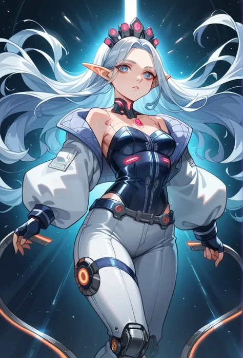 Create an elf-like ethereal and futuristic character design for Elara, a celestial servant with a cyberpunk twist. She wears a sleek white blazer with sharp, structured shoulders, featuring intricate geometric silver or metallic designs that subtly glow. B...