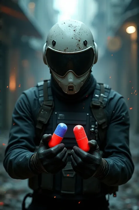 
This image a person wearing a battle-worn, white helmet with a black visor, reminiscent of tactical or survival gear.The character is holding two glowing capsules or pills, one red and one blue, in a reference to the iconic "red pill, blue pill" concept f...