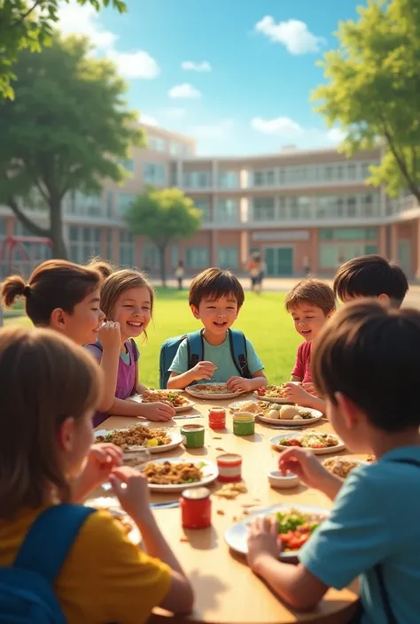 Image of young students as if it were real having lunch 
At school 