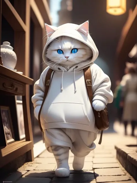 Fluffy white cat, adventurer, Very detailed cat and fur,  Wearing a white hoodie , Wandering , Two animals, high-detail images, Kodak 400, Atmospheric light, 50mm lens, (Cat eyes and characteristic details ) Realistic cat ,  blue eyes,8K, cute, Chubby ,No ...