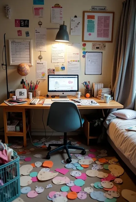 The Room

Your room is a creative chaos—it’s filled with both craft materials and the tools you use for your work, showing how you balance multiple roles at once.

The Desk: At the center of the scene, there’s a desk, half covered with craft supplies. You ...