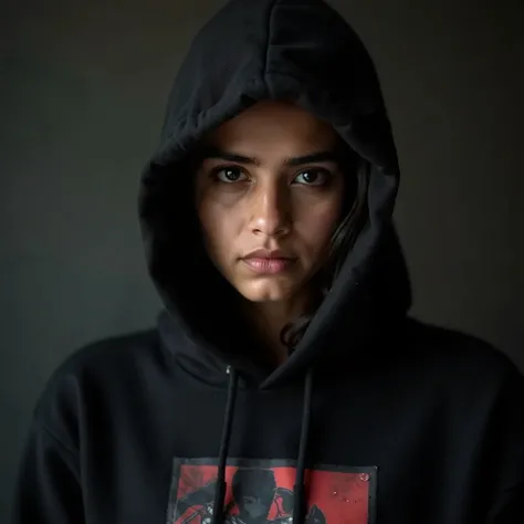 Pakistani 23 year old Mature Girl without Full Face show. Just Zoom Focus on Hoodie wearing Black Hoodie with Marvel Character Print.