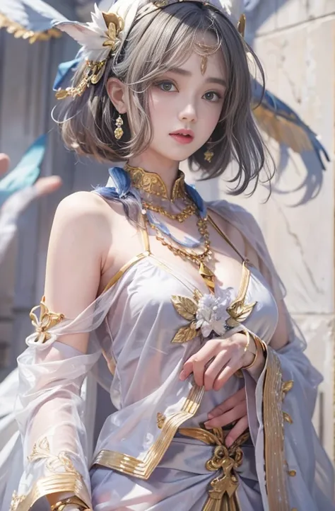 1, Close up portrait of woman in Ancient Greek clothing、Shoulders exposed、thin、  serious expressions、 short hair、Deadly position,   gorgeous necklace , thinミルク色の磁器の肌, , Transparent white skin,   Seductive Anime Girl   , Beautiful and sexy anime women,  sur...