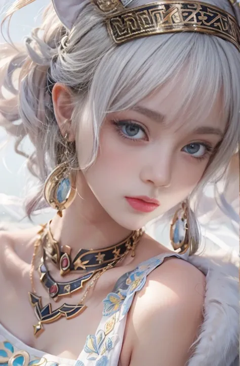 1, Close up portrait of woman in Ancient Greek clothing、Shoulders exposed、thin、  serious expressions、 short hair、Deadly position,   gorgeous necklace , thinミルク色の磁器の肌, , Transparent white skin,   Seductive Anime Girl   , Beautiful and sexy anime women,  sur...