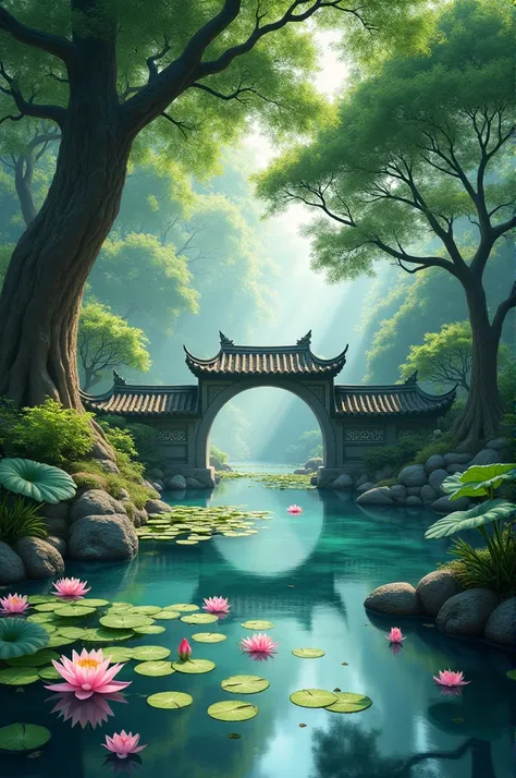 give me a secret place of scenery in a typical chinese temple there is still a bridge under which a pond with lotus decorated with cool trees