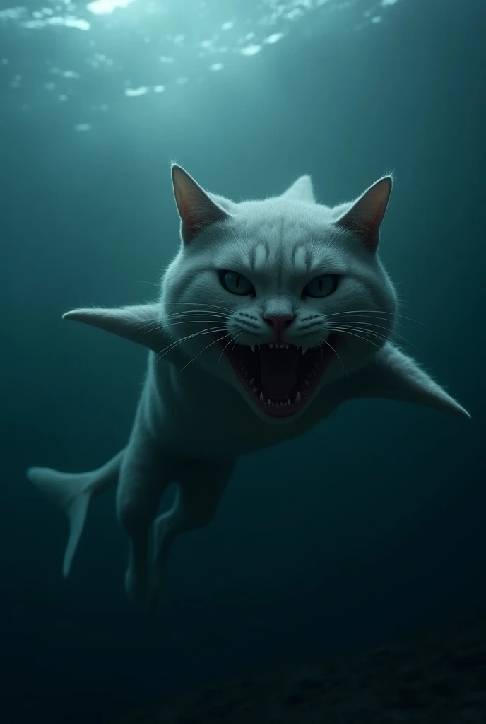 A terrifying hybrid creature combining the features of a Persian cat and a shark, swimming menacingly through the dark ocean. The creature has the muscular, streamlined body and fins of a shark, covered with sleek fur, while its face is distinctly that of ...