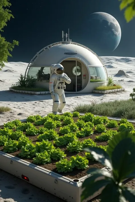 A hyper-realistic, high-definition image of an astronaut gardener on the surface of the Moon. The astronaut, wearing a modern spacesuit, is tending to a vegetable garden (with crops like lettuce, carrots, and tomatoes) inside a futuristic lunar habitat. Th...