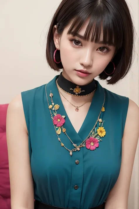 Portrait of a young woman with short black bob hair。Her straight cut bangs lightly fall over her eyebrows.、Her long eyelashes are impressive, and her deep eyes are very attractive.。Her lips are plump and naturally pink.、Neutral makeup brings out her delica...