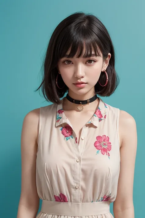 Portrait of a young woman with short black bob hair。Her straight cut bangs lightly fall over her eyebrows.、Her long eyelashes are impressive, and her deep eyes are very attractive.。Her lips are plump and naturally pink.、Neutral makeup brings out her delica...