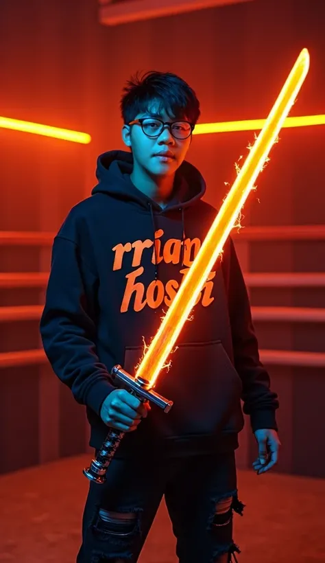 Cinematic photo of a 20-year-old Indonesian young man with short Korean-style hair and black hair, wearing clear lens glasses with black frames, he is wearing a black hoodie that says "RRQ HOSHI" in orange graffiti font and black ripped pants. He stands wi...