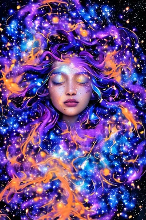 a surreal ethereal woman in a deep cosmic space, woman merged with the universe, nebula, galaxy, cosmic clouds enveloping her body and face, flowing hair softly lit, serene expression, small vibrant stars seamlessly blending into star-textured background, ...