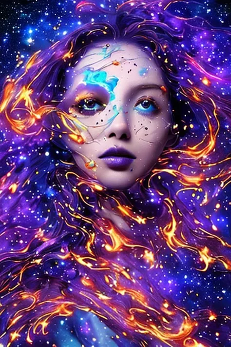 a surreal ethereal woman in a deep cosmic space, woman merged with the universe, nebula, galaxy, cosmic clouds enveloping her body and face, flowing hair softly lit, serene expression, small vibrant stars seamlessly blending into star-textured background, ...