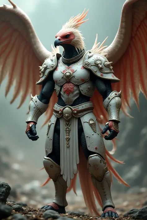 Create a 3D image of a bird that mutates into a human, a warrior, armed, wearing a white and red suit.