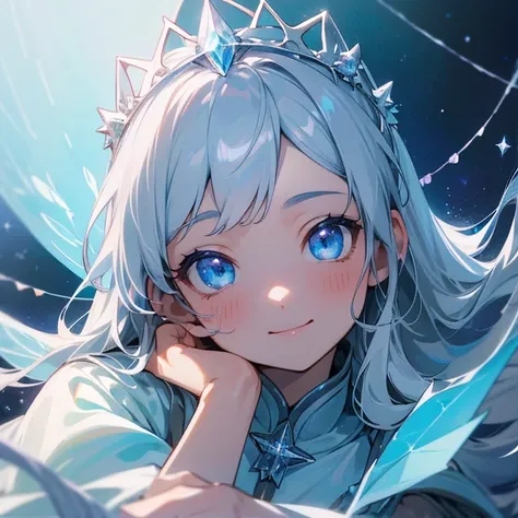 Upper body close-up,  looking at the camera, (( face up :1.5)), 1 Girl,  Long Dress, 淡い aurora のドレス, Rainbow Blue Eyes ,  Silver Hair,  straight long hair, Silver Tiara, Icy, Silver Fairy Wings,  Pastel Colors , magic, kind, smile,  Fantasy , princess, Dre...