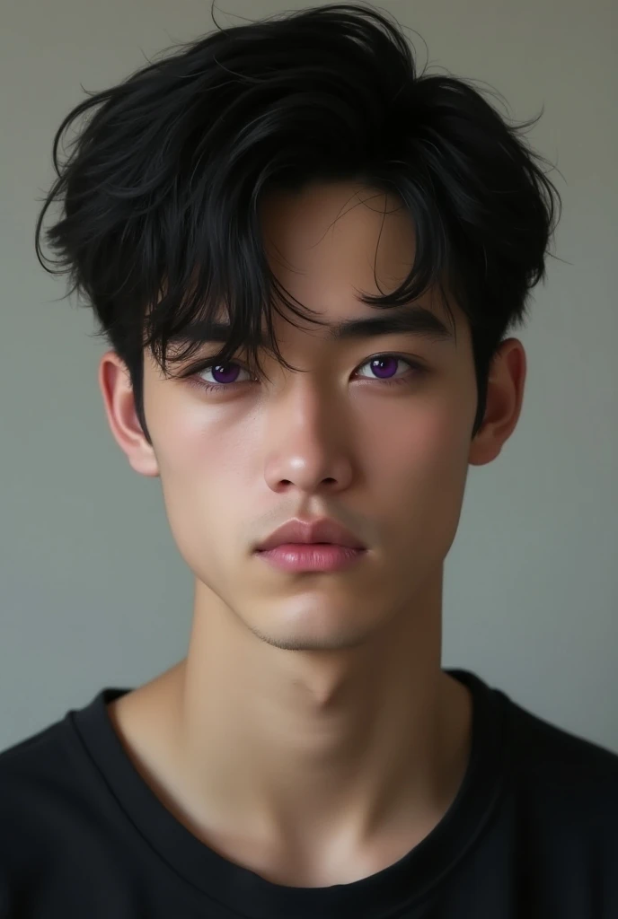 Realistic image of a young man with black hair and purple eyes