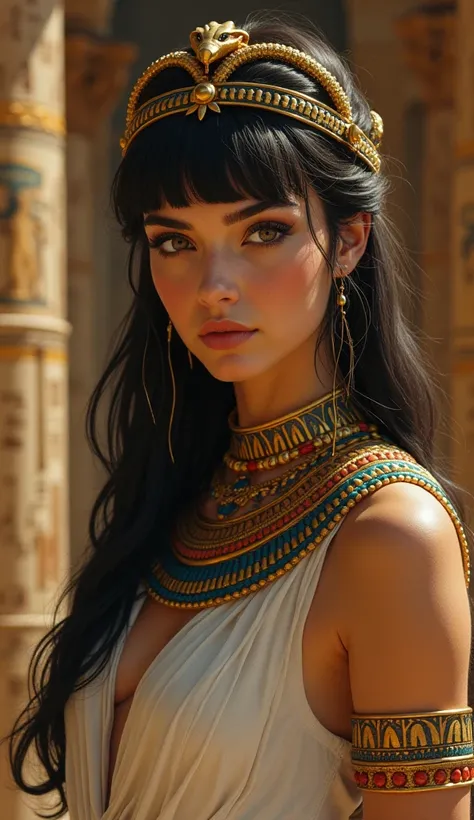  "Portrait of Cleopatra, the Egyptian queen, with a strong jawline, straight and pronounced nose, and angular face. She has dark, thick hair styled in a traditional Egyptian fashion, with a braided bun and short bangs, adorned with a royal headpiece featur...