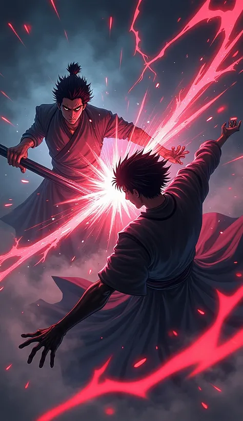 
"An intense anime-style scene of Toji Fushiguro wielding his cursed tools with precision, his expression fierce and calculating. Gojo Satoru is shown on the defensive, looking focused but pushed to his limits. The background has a dark, ominous tone, with...