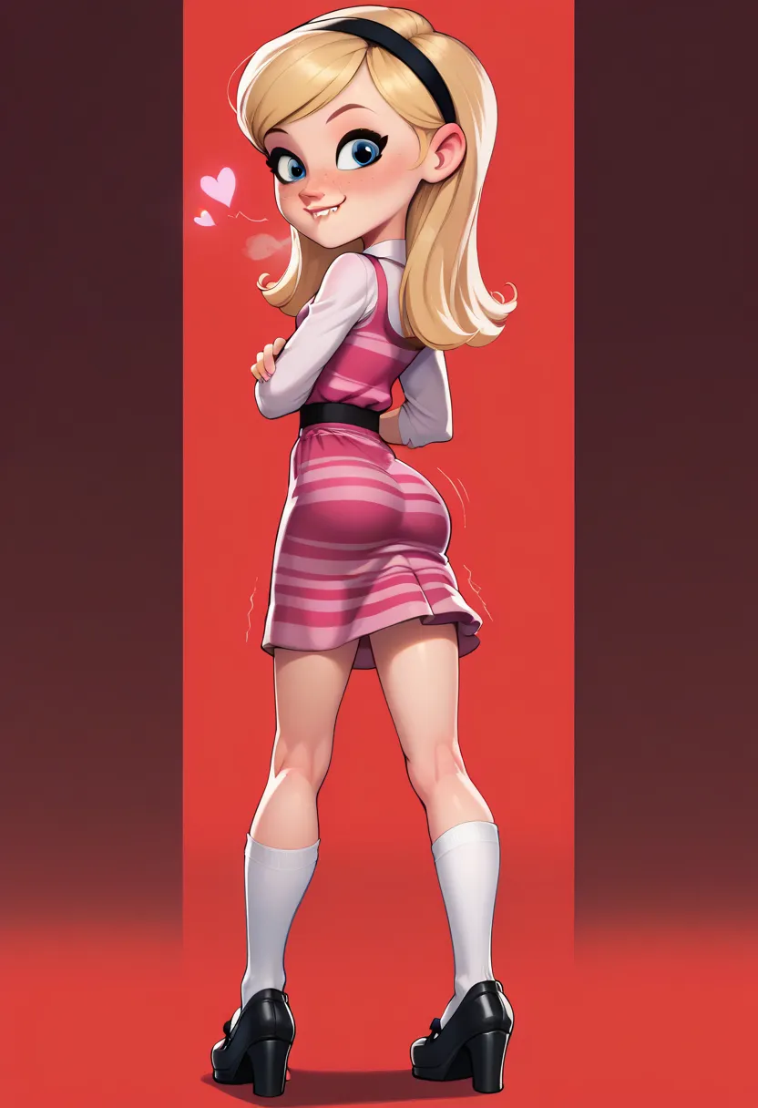 1girl, full body, solo, penny peterson, long hair, blue eyes, freckles, blonde hair, skirt, hairband, black hairband, white socks, dress, pink dress, long sleeves, mary janes, black mary janes, booty, butt, backside, showing her pink panties, showing her b...