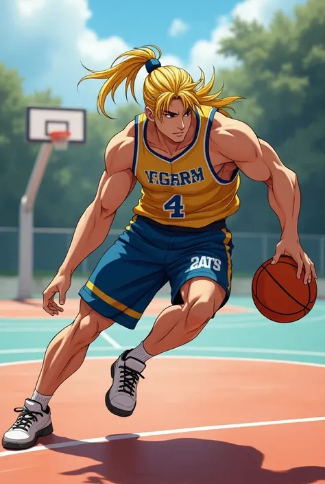 Anime man with long yellow hair playing basketball 
