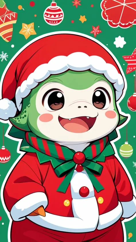 Cute 2D illustration of a baby tyrannosaurus wearing Santa Claus clothes and looking happy、