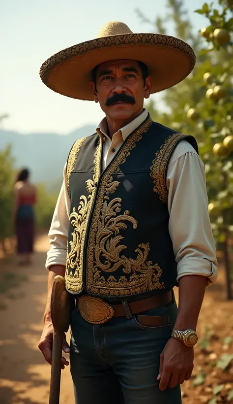  Create an image of a Mexican man dressed in a typical elegant costume ,  including a charro hat ,  a pronounced mustache and a vest embroidered in dark tones with gold details .  is in the foreground with a tool from the garden and is looking forward, In ...