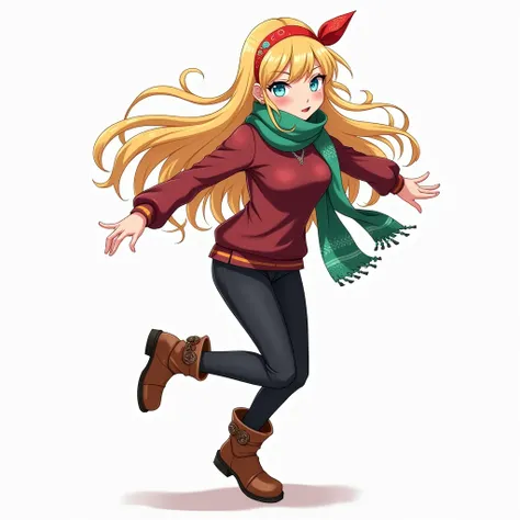 anime, Illustration, anime art style, female, young adult woman, 19 years old, long blonde hair, blue eyes, maroon sweater, tucked in, black tight fitting pants, green scarf with motifs, red hairband, wearing boots, playful pose